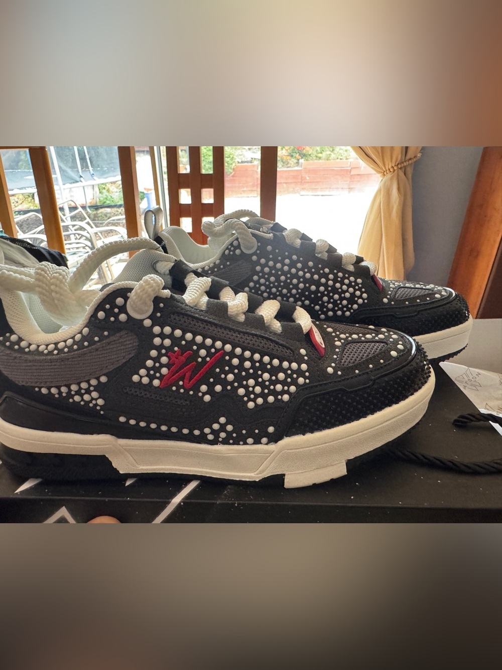 Women’s Black Studded Sneakers with White Sole and Pink Accent